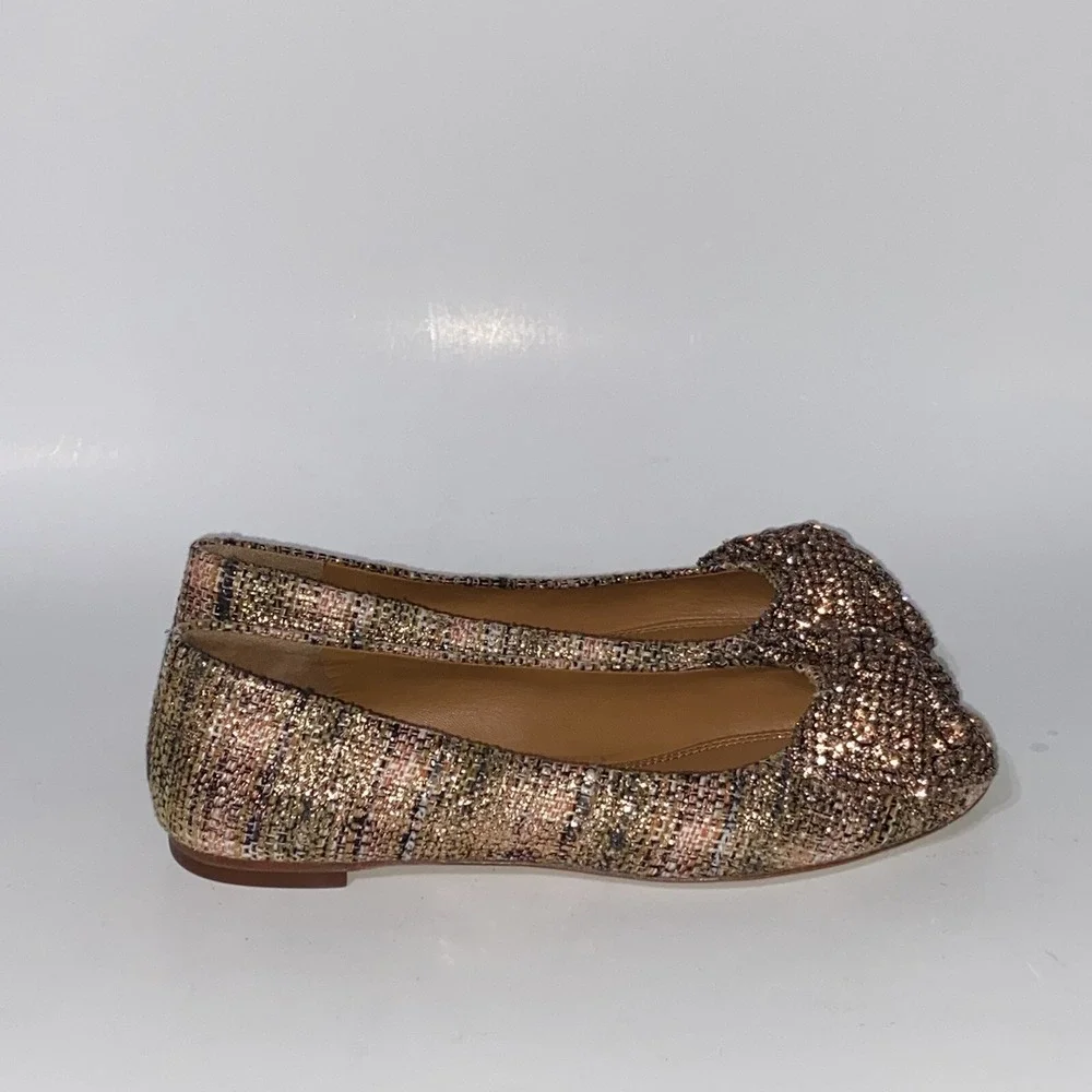 Tory Burch Crystal Bow Pink Tweed Ballet Flats Rose Gold Bronze Women's 5 $328